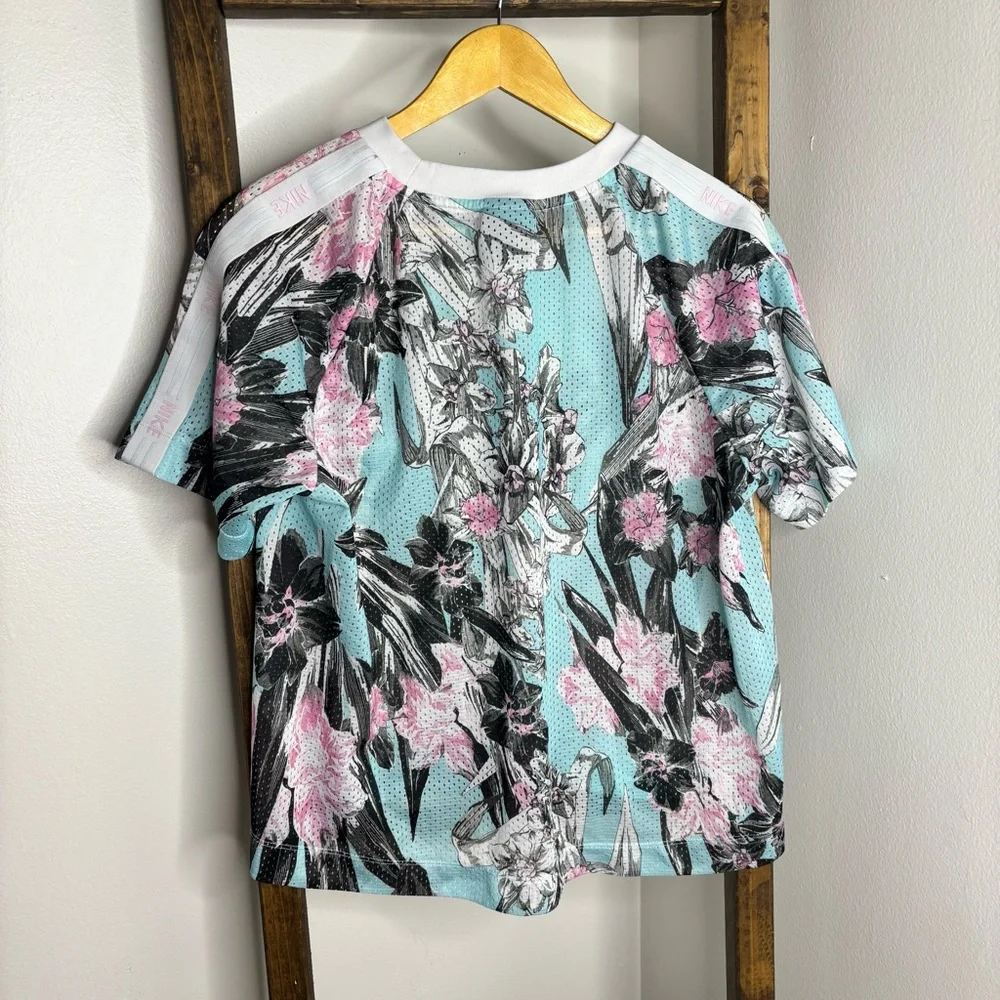 Nike Sportswear Short Sleeve Top Mesh Floral Logo Shirt Blue Size L